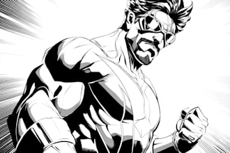 draw black and white comic superhero character line art