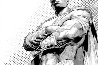 draw black and white comic superhero character line art