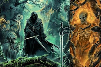 draw detailed dark art, horror, skull, fantasy illustration