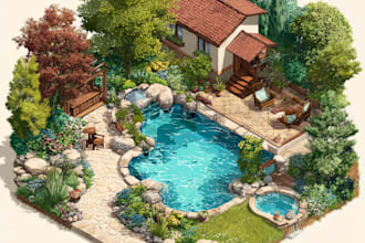 design backyard, pool, patio, outdoor landscape 2d rendering