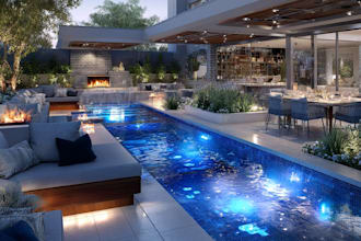 design landscape, backyard, pool, garden, deck, and patio