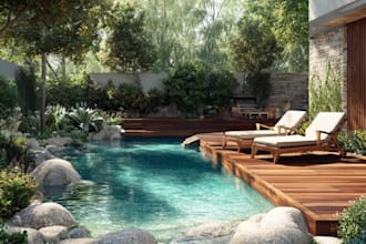design landscape, backyard, front yard, garden, patio, pool