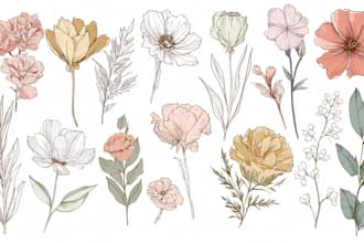 draw botanical illustrations of flowers, plants, line art