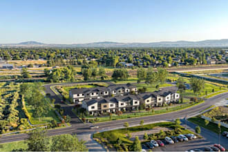 render modern residential community aerial, suburb development, townhome complex