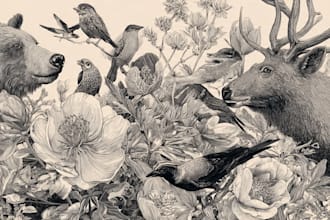 draw an animal and botanical illustration