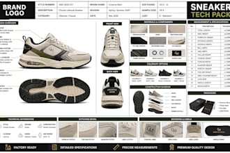 design a factory ready shoe tech pack, sneaker design and footwear tech pack