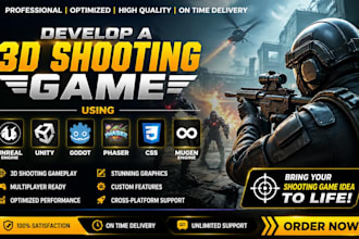develop a 3d shooting game using unreal, unity, godot, phaser, CSS, mugen engine