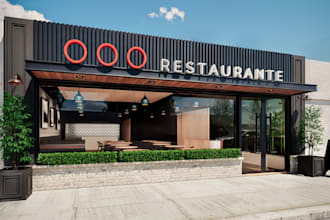 redesign 3d restaurant interior, bar cgi rendering, outdoor cafe, 2d layout plan