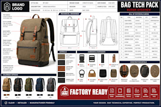 design bag tech pack, handbag, backpack, tote, duffle bag for factory production