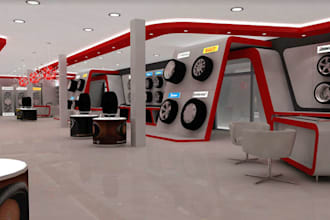 design automotive tyre showroom, car repair shop, workshop service, depot garage