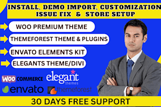 install woo theme, themeforest, envato elements kit and elegant themes