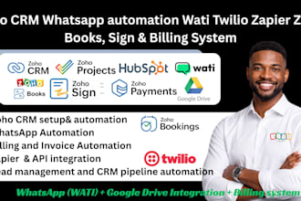 zoho CRM whatsapp automation wati twilio zapier zoho books sign billing system