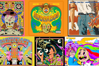 trippy psychedelic album cover art, music artwork, stickers, tshirt illustration