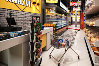 design 3d supermarket, retail store, grocery store and mall with renders