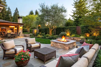 design backyard landscape, front yard garden, pool, patio deck and 3d rendering