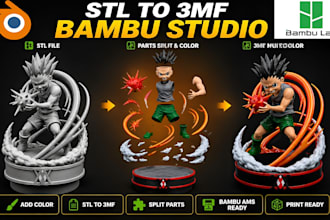 add color to 3d models, convert stl to 3mf and split parts for bambu multicolor