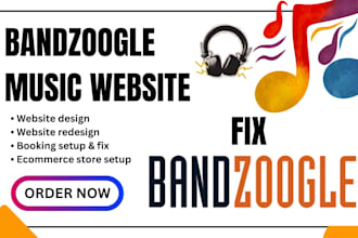 fix bandzoogle music website issues, poor setup, fix merch, music player errors