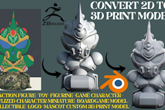 2d image to 3d sketch, 3d toy figures, characters 3mf stl sculpt for 3d printing