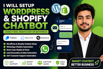 setup wordpress whatsapp chatbot, shopify chatbot using tido manychat botpress