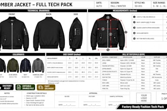 design bomber jacket tech pack cad flat sketch for manufacturing