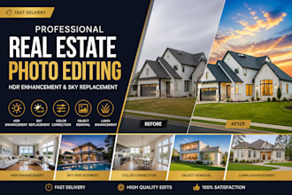 do professional real estate photo editing hdr enhancement and sky replacement