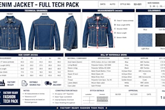 create detailed denim jacket tech pack with cad flat sketch for manufacturing