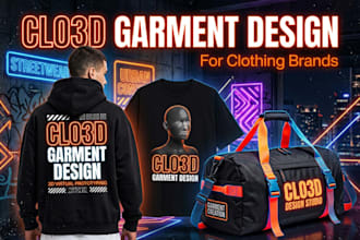 design 3d garments, 3d tshirt, hoodie, shoes, duffle bags in clo3d with mockups