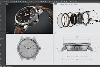 design custom 3d watch cad model, manufacturing technical drawings and animation