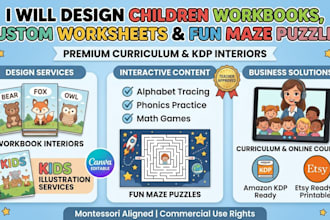 design kids activity books with custom worksheets and fun maze puzzles