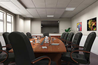 do 3d office interior design, coworking space, conference room, reception areas