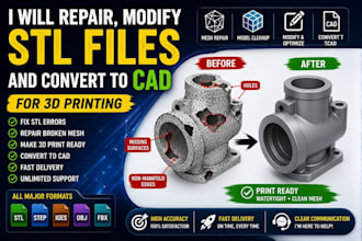 repair mesh, modify stl files, convert to cad and prepare  for 3d printing
