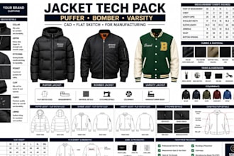 design puffer bomber varsity jacket tech pack cad flat sketch for manufacturing
