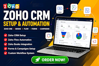 setup zoho CRM zoho flow one books campaigns forms flow and automation system