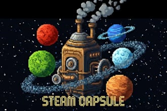 design cozy pixel steam capsule, game banner, game ui, cover art for indie games