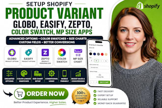 setup shopify product variant globo, easify, zepto, color swatch, mp size apps