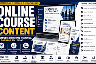online course content, workbook, facilitator guide, PPT slides and video scripts