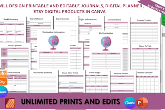 design printable and editable journals, digital planner in canva