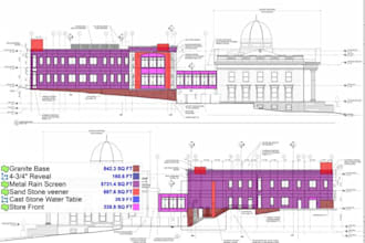provide professional facade material takeoff, exterior elevation markup,bluebeam
