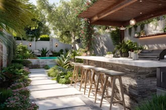 design exterior landscape, garden, backyard, patio terrace, BBQ and pool