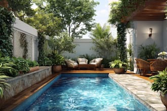 design landscape like backyard, garden, pool, patio