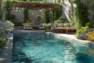 do landscape design with front yard, backyard design, pool, deck, garden design