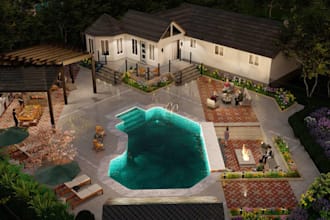 do 3d fire pit design, 3d patio pool, gazebo, 3d backyard landscape design