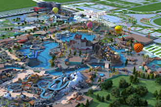 create 3d entertainment center design, 3d amusement park, theme park, water park