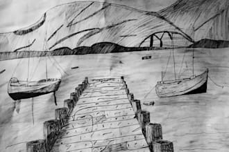 draw handmade realistic pencil sketch landscape no ai
