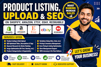 do product listing upload SEO on shopify amazon etsy ebay redbubble