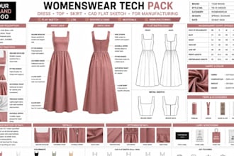 design womenswear tech pack dress top skirt cad flat sketch for manufacturing