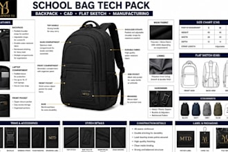 design school bag backpack tech pack cad flat sketch for manufacturing