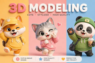 create cute stylized 3d mascots, animals and cartoons
