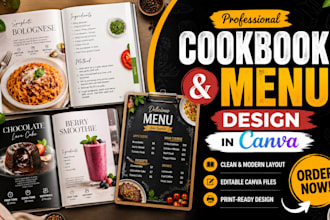 design high quality cookbook recipe and food book layout and menu board on canva