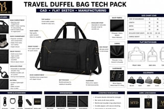 design travel duffel bag tech pack cad flat sketch for manufacturing